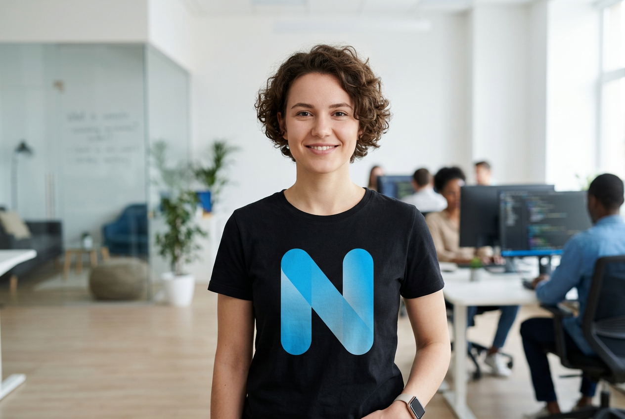 Noname Developers logolu tişört giyen bir geliştirici — temsili görsel